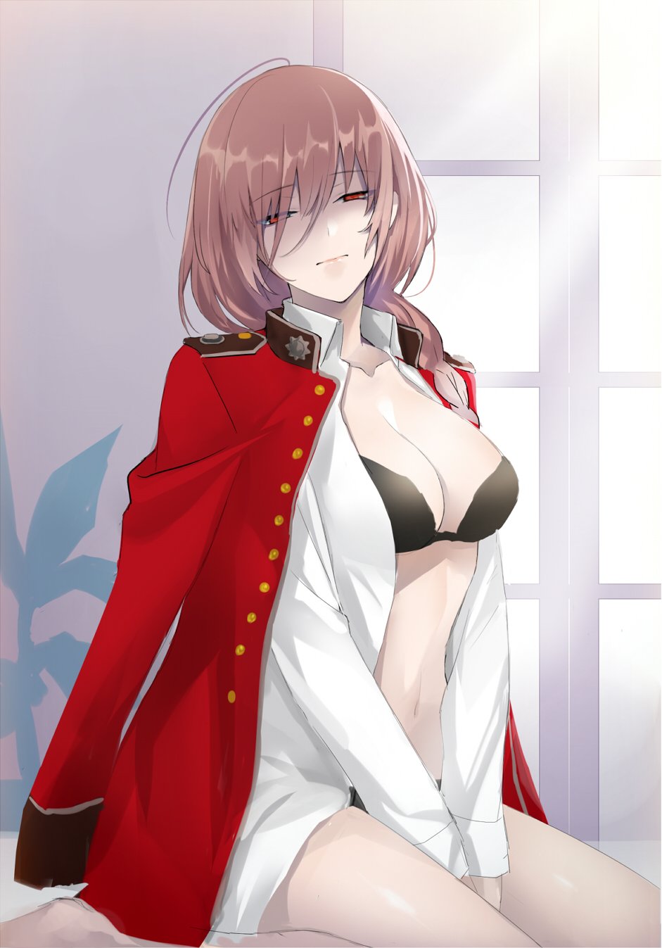 1girl black_bra black_panties bra braid breasts cleavage commentary_request dress_shirt fate/grand_order fate_(series) florence_nightingale_(fate/grand_order) hair_over_shoulder head_tilt highres jacket jacket_on_shoulders large_breasts long_hair looking_at_viewer open_clothes open_shirt panties pantsu_majirou pink_hair red_eyes red_jacket shirt single_braid sitting solo underwear white_shirt