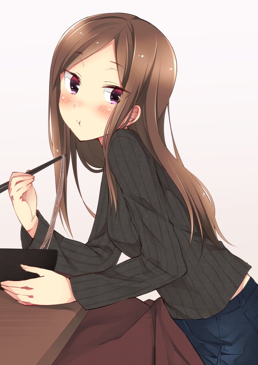 1girl :t black_sweater blush brown_hair chopsticks closed_mouth denim dorothy_(princess_principal) eating eyebrows_visible_through_hair food from_side highres holding holding_chopsticks jeans kotatsu long_hair long_sleeves looking_at_viewer noodles pants princess_principal ribbed_sweater sitting sk02 solo sweater table violet_eyes
