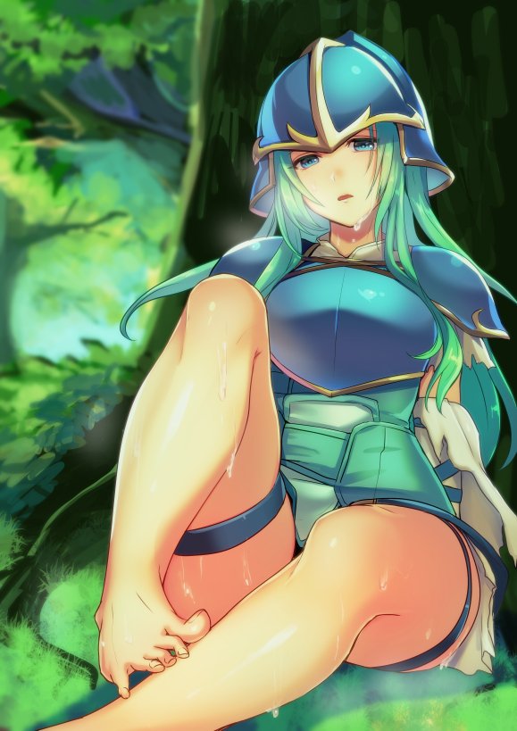 1girl armor belt blue_armor blue_eyes breastplate detached_sleeves fire_emblem fire_emblem:_souen_no_kiseki forest gloves green_eyes green_hair helmet kokouno_oyazi long_hair looking_at_viewer nature nephenee polearm skirt solo thigh-highs weapon