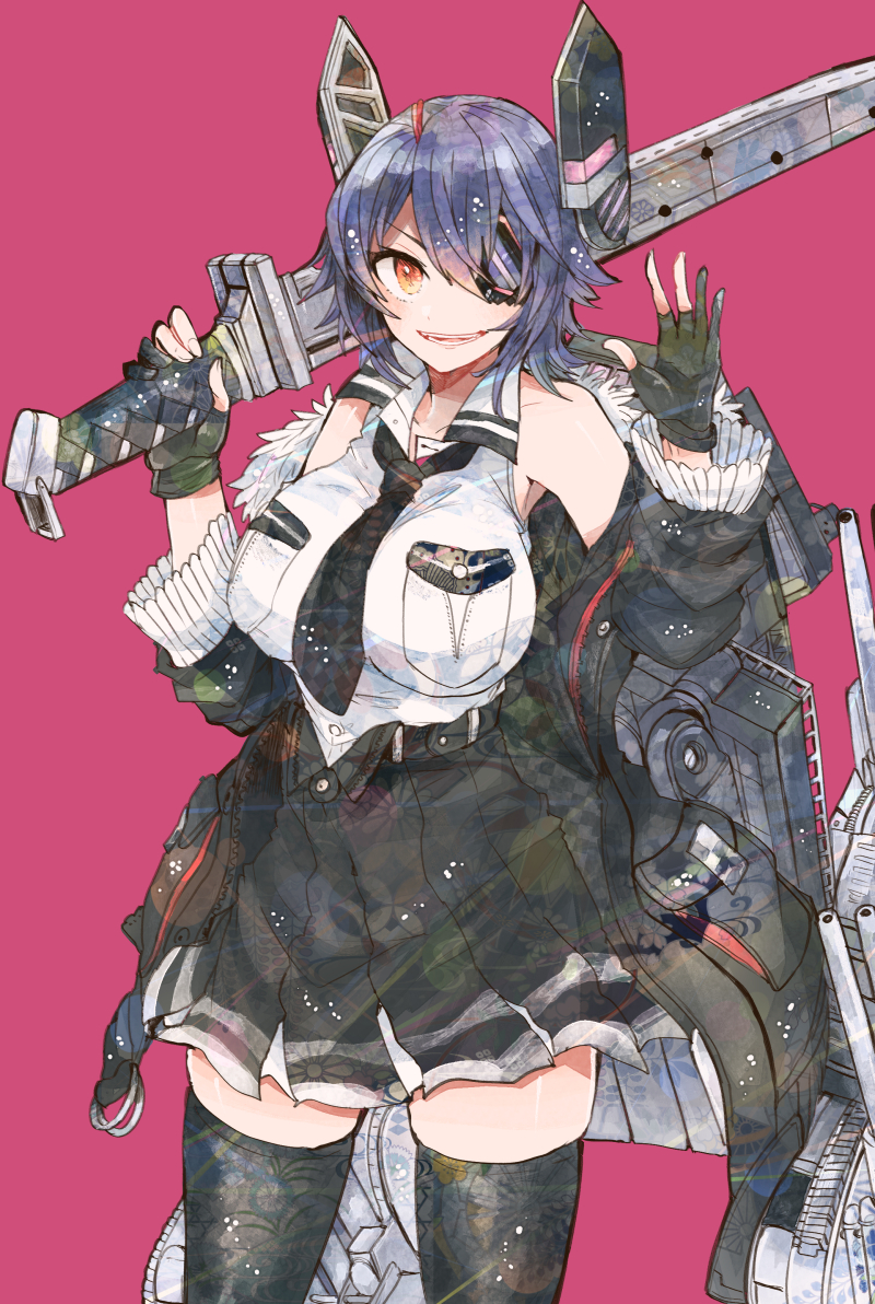 1girl armpits between_breasts black_gloves black_jacket black_legwear black_skirt breast_pocket breasts checkered checkered_neckwear eyebrows_visible_through_hair eyepatch fur-trimmed_jacket fur_trim gloves grin hair_between_eyes headgear holding holding_weapon itomugi-kun jacket kantai_collection long_sleeves looking_at_viewer medium_hair necktie necktie_between_breasts open_mouth pocket purple_hair red_background red_eyes remodel_(kantai_collection) simple_background skirt smile solo sword tenryuu_(kantai_collection) thigh-highs turret weapon white_background