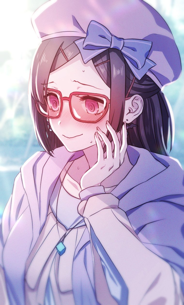 1girl @_@ bat_earrings black_hair blush character_request fate/grand_order fate_(series) hair_ornament hairclip hand_up hat highres jewelry long_hair moe_(hamhamham) necklace pink_eyes purple_hat red-framed_eyewear smile solo sweatdrop upper_body