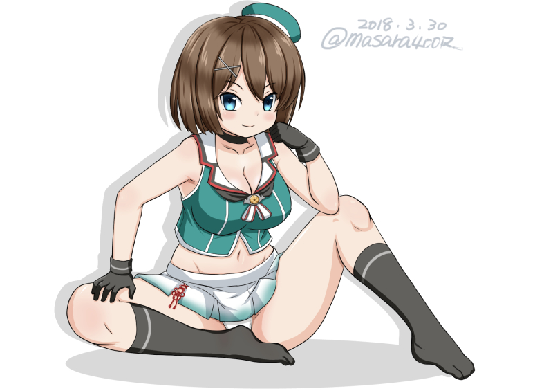 1girl beret black_gloves black_legwear blue_eyes brown_hair dated full_body gloves green_ribbon hair_ornament hairclip hat hat_ribbon kantai_collection kneehighs looking_at_viewer masara_(masalucky2010) maya_(kantai_collection) midriff panties pleated_skirt red_ribbon remodel_(kantai_collection) ribbon short_hair simple_background sitting skirt sleeveless solo twitter_username underwear white_background white_panties x_hair_ornament