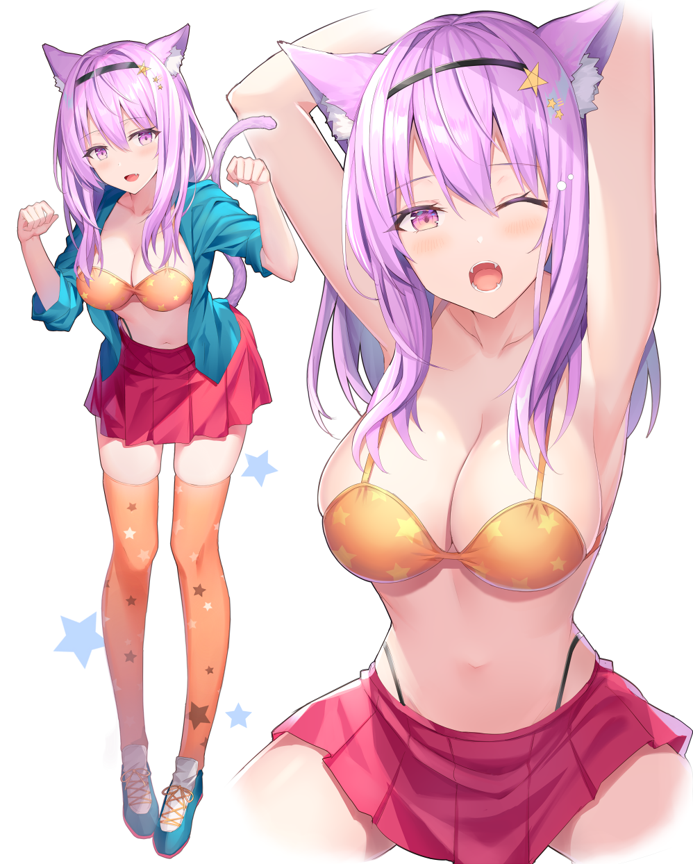 1girl ;o animal_ear_fluff animal_ears armpits arms_up bra breasts cat_ears cat_tail cleavage commentary fangs hair_ornament hairband highleg highleg_panties highres hood hooded_jacket hoodie jacket leaning_forward long_hair looking_at_viewer midriff multiple_views navel one_eye_closed open_clothes open_hoodie open_jacket orange_bra orange_legwear original panties panty_straps paw_pose pleated_skirt purple_hair rin_yuu shoes sidelocks simple_background skirt sneakers string_panties tail thigh-highs underwear white_background zettai_ryouiki