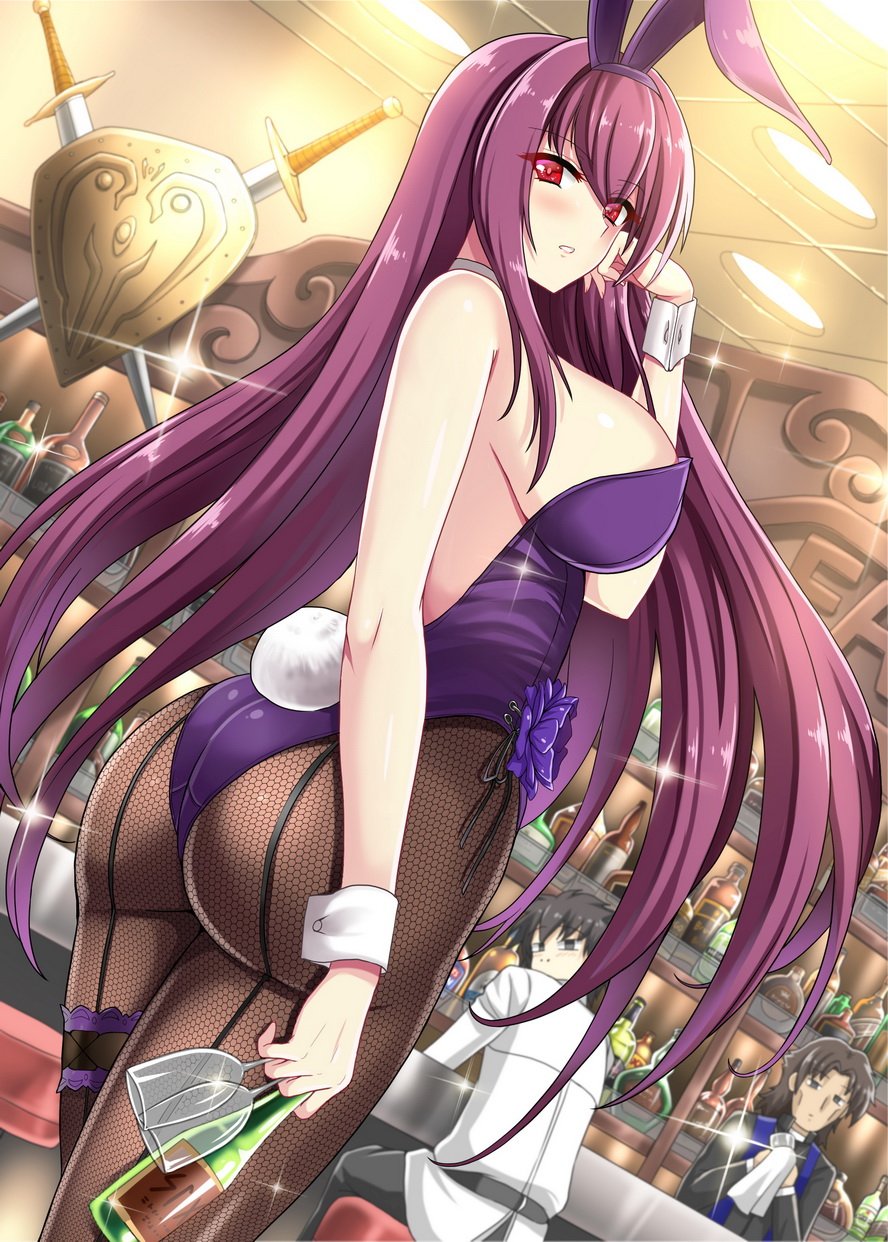 1girl 2boys alcohol animal_ears ass black_hair bottle breasts bunny_girl bunny_tail bunnysuit fate/grand_order fate_(series) from_behind hellandheaven highres large_breasts leotard long_hair multiple_boys open_mouth pantyhose purple_hair rabbit_ears red_eyes scathach_(fate/grand_order) sideboob standing strapless strapless_leotard tail wine wine_bottle