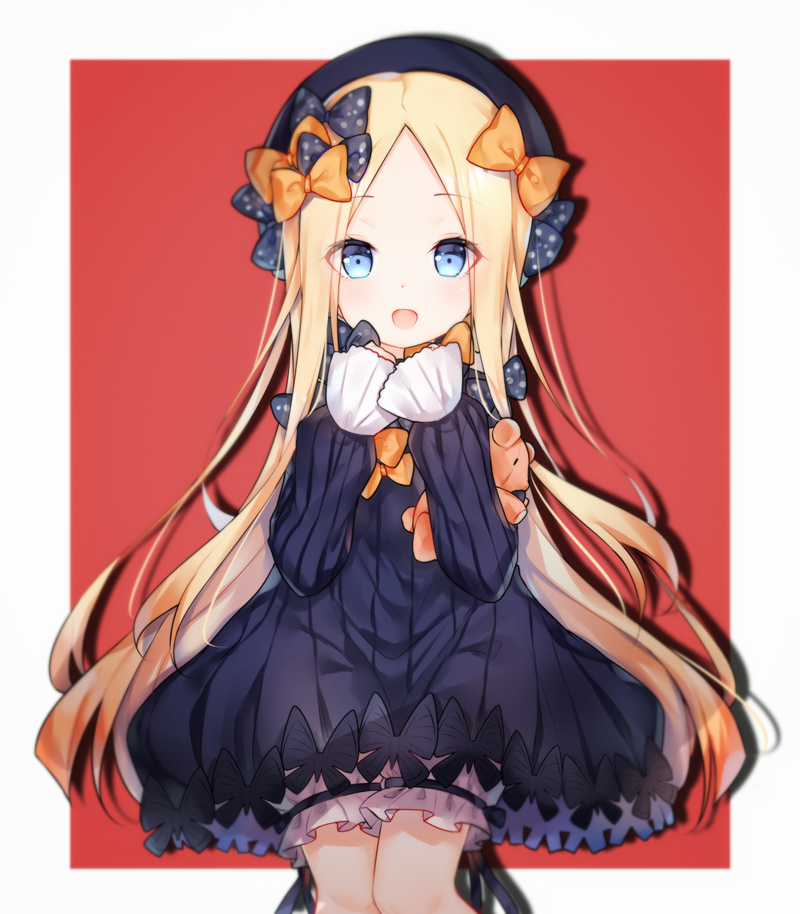 1girl :d abigail_williams_(fate/grand_order) bangs black_bow black_dress black_hat blonde_hair bloomers blue_eyes blush bow bug butterfly commentary_request dress eyebrows_visible_through_hair fate/grand_order fate_(series) forehead hair_bow hands_up hat insect long_hair long_sleeves looking_at_viewer object_hug open_mouth orange_bow parted_bangs polka_dot polka_dot_bow red_background sleeves_past_wrists smile solo stuffed_animal stuffed_toy teddy_bear tengxiang_lingnai two-tone_background underwear very_long_hair white_background white_bloomers