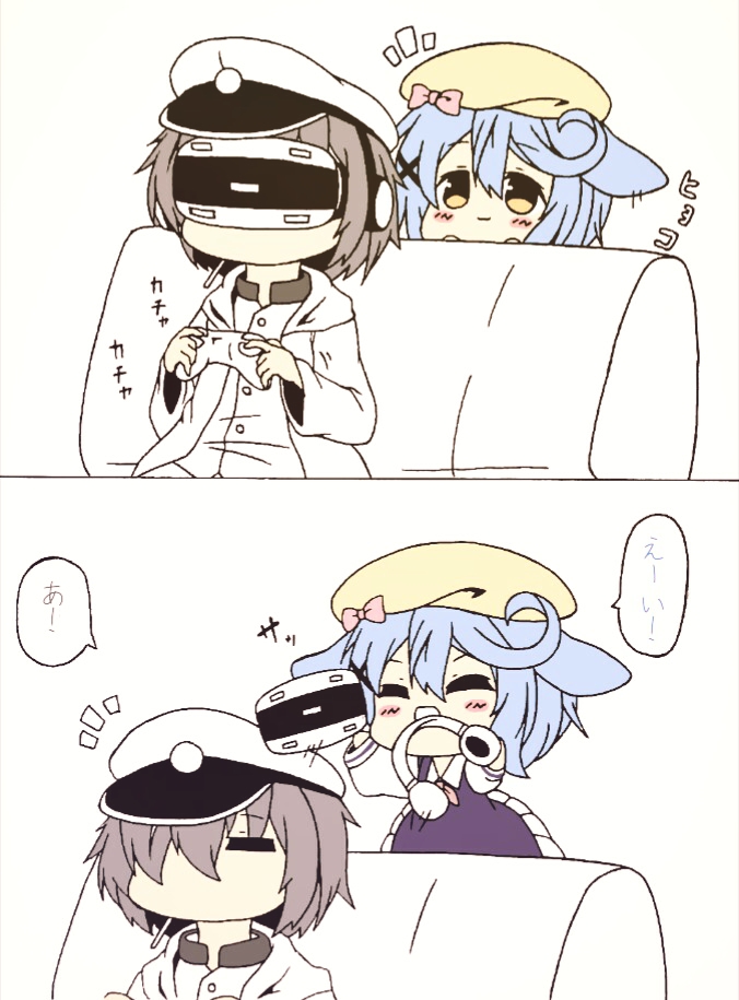 1boy 1girl 2koma :d =_= admiral_(azur_lane) animal_ears azur_lane bangs beret blue_dress blue_hair blush bow brown_eyes brown_hair chibi cigarette closed_eyes closed_mouth comic commentary_request controller dress eyebrows_visible_through_hair game_controller hair_between_eyes hair_ornament hair_over_one_eye hat headphones holding jacket kurukurumagical long_sleeves military_hat military_jacket minazuki_(azur_lane) mouth_hold notice_lines open_clothes open_jacket open_mouth peaked_cap pink_bow shirt sitting sleeveless sleeveless_dress smile translated vr_visor white_hat white_jacket white_shirt x_hair_ornament yellow_hat