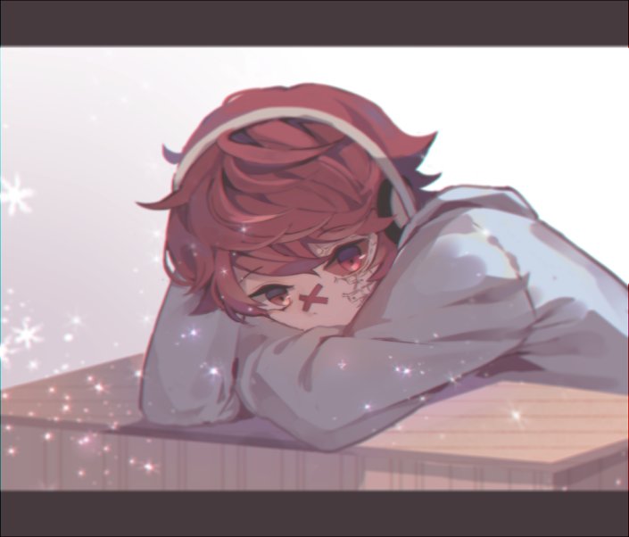 1boy blue_hoodie desk fukase headphones heterochromia hood hoodie letterboxed looking_at_viewer male_focus red_sclera redhead scar sitting solo tamagoyaki_(glasses-daisuki) vocaloid