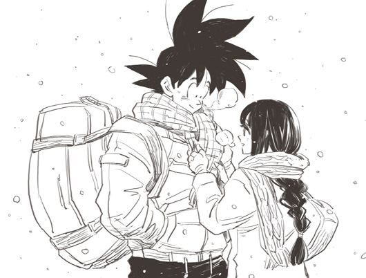 1boy 1girl adjusting_scarf amepati bag black_eyes black_hair braid breath chi-chi_(dragon_ball) couple dragon_ball dragonball_z hand_in_pocket happy hetero looking_at_another looking_away profile scarf short_hair simple_background smile snow son_gokuu spiky_hair upper_body white_background winter winter_clothes