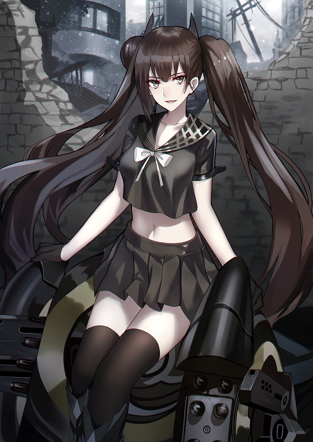 1girl arm_strap bangs black_gloves black_hair black_serafuku black_skirt blush boots breasts collarbone crop_top crop_top_overhang day girls_frontline gloves half_gloves head_tilt headgear highres knee_boots long_hair looking_at_viewer machinery medium_breasts midriff navel open_mouth ouroboros_(girls_frontline) outdoors pale_skin red_eyes ruins sailor sangvis_ferri school_uniform serafuku shiguru sidelocks sitting skirt smile snowing solo stomach thigh-highs thighs twintails uniform very_long_hair