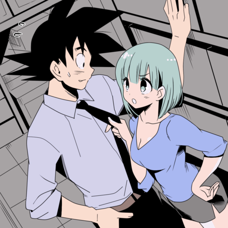 1boy 1girl :o against_wall alternate_costume belt black_eyes black_hair blue_eyes blue_hair blue_shirt breasts bulma dragon_ball dragonball_z eyebrows_visible_through_hair formal frown grey_shirt grey_skirt hand_in_pocket hand_on_hip height_difference indoors kanekiyo_miwa long_sleeves looking_at_another necktie necktie_grab neckwear_grab nervous nervous_smile open_mouth pants profile shirt short_hair skirt son_gokuu spiky_hair sweatdrop