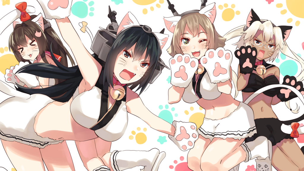 &gt;_&lt; 4girls adapted_costume animal_ears bell bell_collar black_hair black_skirt blush breasts brown_hair cat_ears cat_slippers cleavage collar dark_skin fake_animal_ears fake_tail fang glasses gloves headgear jingle_bell kantai_collection large_breasts long_hair looking_at_viewer midriff multiple_girls musashi_(kantai_collection) mutsu_(kantai_collection) nagato_(kantai_collection) paw_background paw_gloves paws ponytail sailor_collar shirt short_hair skirt square_mouth tail tonari_no_kai_keruberosu twintails very_long_hair whiskers white_background white_hair white_shirt yamato_(kantai_collection)
