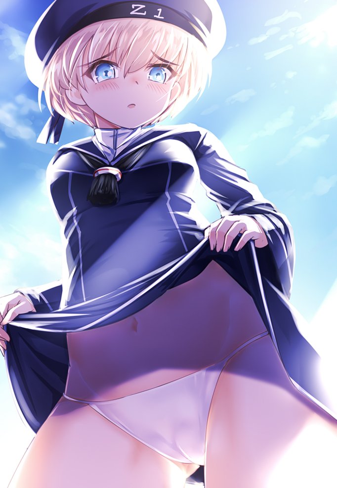 beret blonde_hair blue_eyes blue_sky breasts dress dress_lift hat kantai_collection makumaxu navel panties pantyshot short_hair sky small_breasts underwear white_panties z1_leberecht_maass_(kantai_collection)