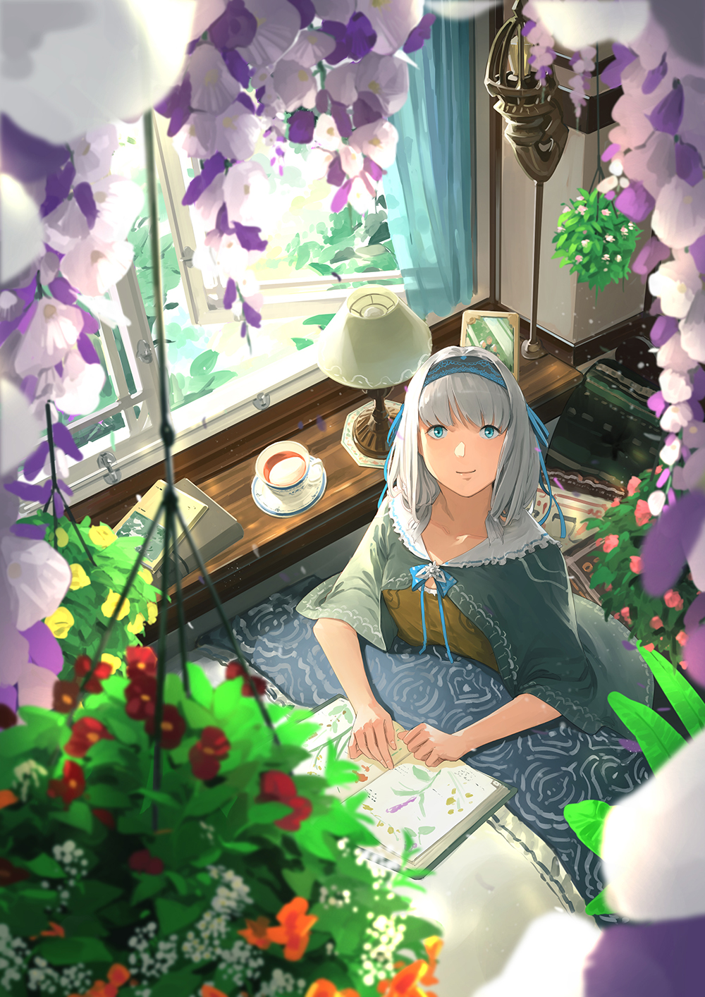 1girl bad_id bad_tumblr_id blue_capelet blue_eyes blue_ribbon blurry blurry_background book capelet closed_mouth cup curtains depth_of_field flower grey_hair hairband highres lamp looking_at_viewer open_book open_window orange_flower original purple_flower red_flower ribbon sitting smile solo somehira_katsu teacup tray window