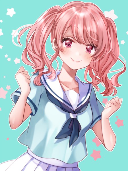 1girl aqua_background bang_dream! bangs blue_neckwear blue_shirt clenched_hands collarbone commentary_request eyebrows_visible_through_hair hanasakigawa_school_uniform hands_up ito22oji looking_at_viewer maruyama_aya neckerchief outline pink_eyes pink_hair pleated_skirt sailor_collar school_uniform shirt short_sleeves sidelocks skirt smile solo star starry_background twintails upper_body white_outline white_sailor_collar white_skirt