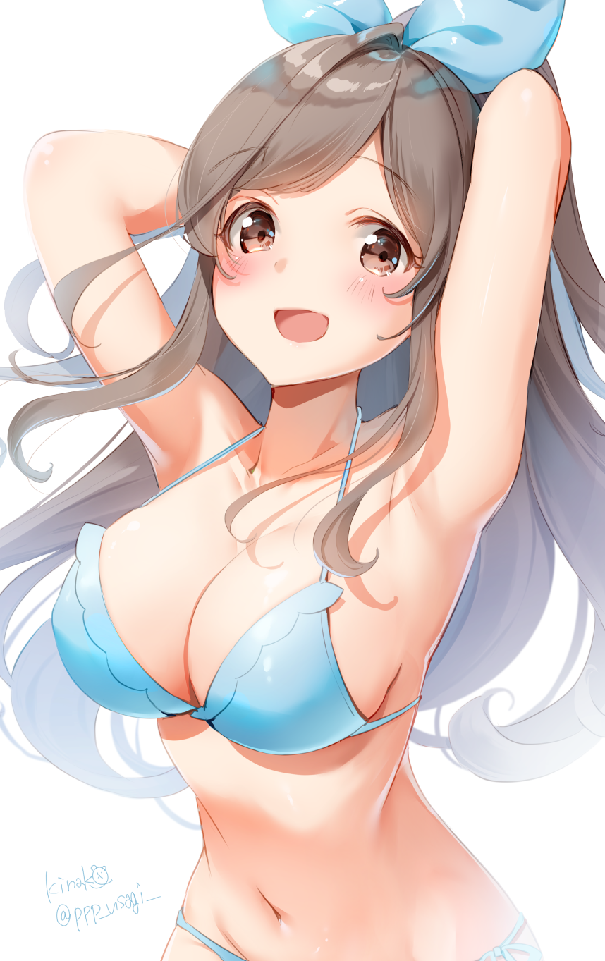 1girl armpits arms_behind_head arms_up bangs bare_shoulders bikini blue_bikini blue_bow blush bow breasts brown_eyes brown_hair cleavage collarbone hair_bow highres idolmaster idolmaster_shiny_colors large_breasts long_hair looking_at_viewer navel open_mouth shiratama_akane simple_background smile solo swept_bangs swimsuit tsukioka_kogane twitter_username waist white_background