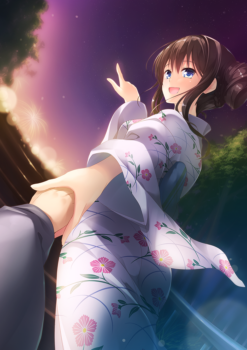 1girl :d aerial_fireworks bangs blue_eyes blush brown_hair commentary_request dutch_angle eyebrows_visible_through_hair fireworks floral_print hair_between_eyes highres japanese_clothes kimono long_hair long_sleeves looking_at_viewer looking_back massan night night_sky open_mouth original outdoors pointing pov pov_hands print_kimono sidelocks sky smile solo_focus star_(sky) starry_sky tree white_kimono wide_sleeves yukata