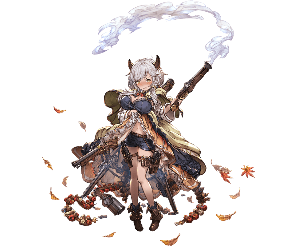 1girl bangs blue_shorts blush boots breasts brown_footwear bullet camieux full-face_blush granblue_fantasy grey_hair holding holding_weapon horns leaf looking_at_viewer minaba_hideo short_hair shorts smoke solo transparent_background v-shaped_eyebrows weapon