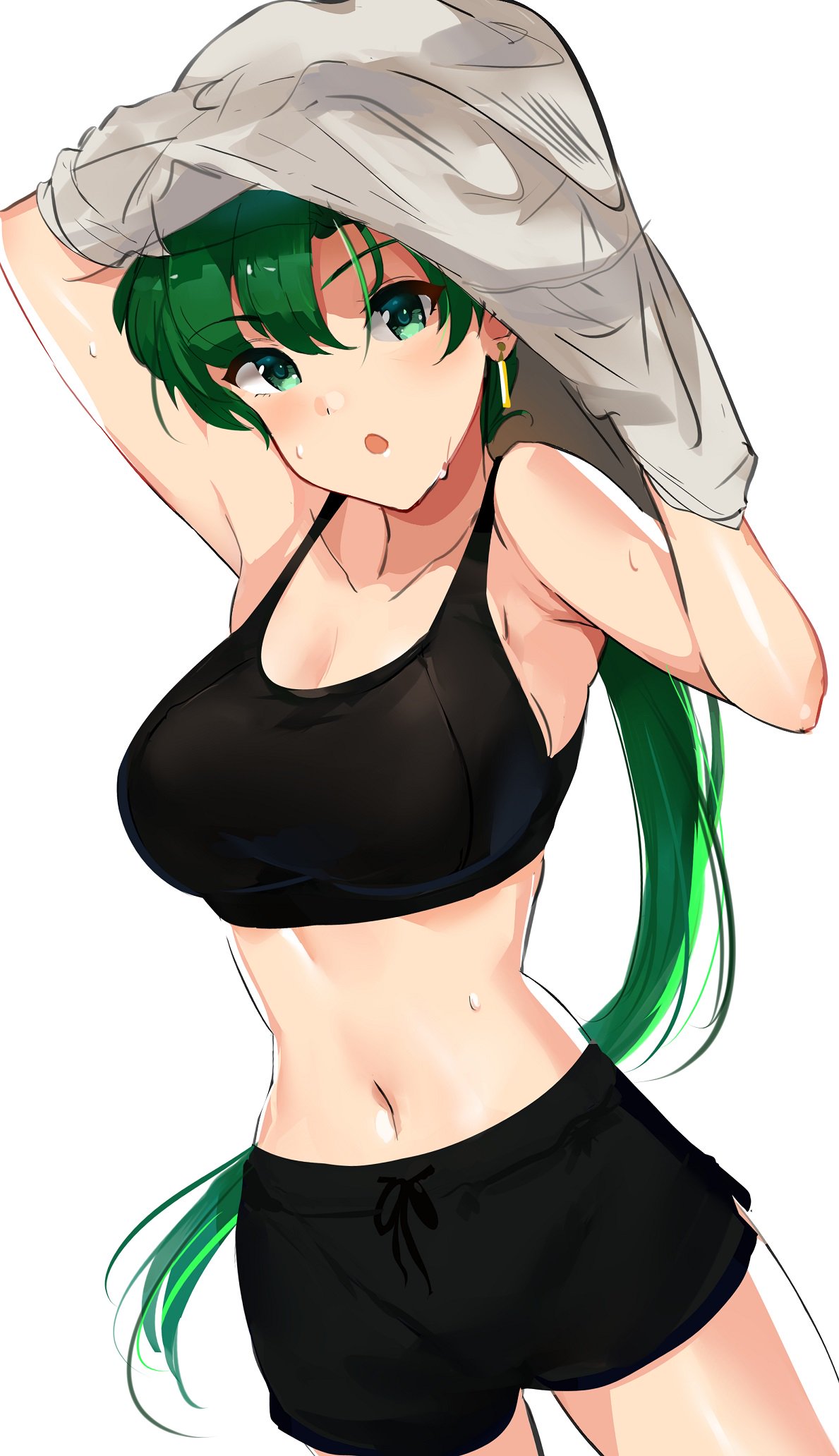 1girl bare_arms bare_shoulders blush breasts cleavage collarbone crop_top fire_emblem fire_emblem:_rekka_no_ken fire_emblem_heroes green_eyes green_hair high_ponytail highres long_hair looking_at_viewer lyndis_(fire_emblem) midriff ormille ponytail sleeveless solo sweat tank_top