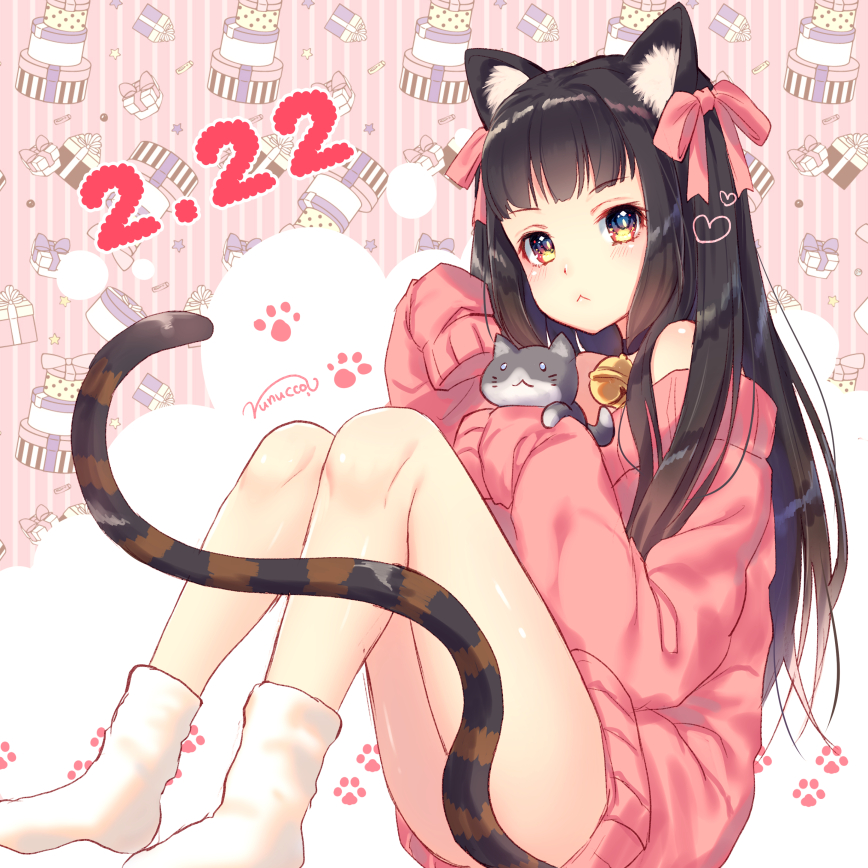 1girl :&lt; animal animal_ears bare_shoulders bell blush bow brown_eyes brown_hair cat cat_ears cat_girl cat_tail closed_mouth hair_bow hair_ornament heart heart_hair_ornament jingle_bell long_hair long_sleeves looking_at_viewer no_shoes nunucco off_shoulder original pink_bow pink_sweater signature sitting sleeves_past_fingers sleeves_past_wrists socks solo striped striped_background striped_tail sweater tail tail_censor tail_raised vertical-striped_background vertical_stripes very_long_hair white_legwear