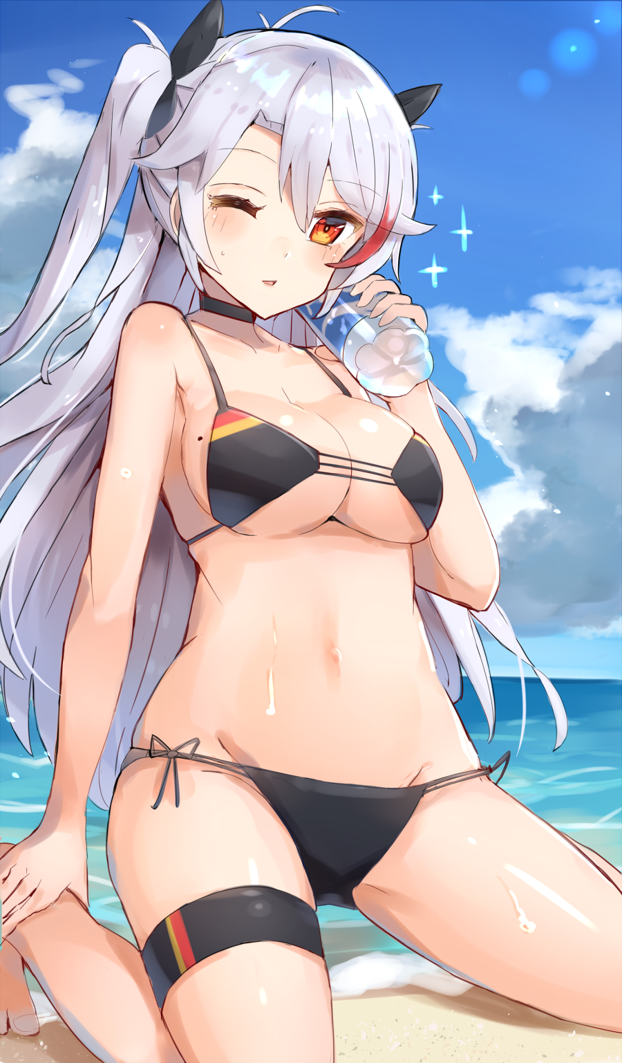 1girl antenna_hair azur_lane bangs barefoot beach bikini black_bikini black_choker black_ribbon blue_sky bottle breasts choker clouds day flag_print full_body german_flag german_flag_bikini groin highlights highres iron_cross kneeling mole mole_on_breast multicolored_hair outdoors prinz_eugen_(azur_lane) ribbon side-tie_bikini silver_hair sky solo streaked_hair swept_bangs swimsuit thigh_strap two_side_up xenonstriker