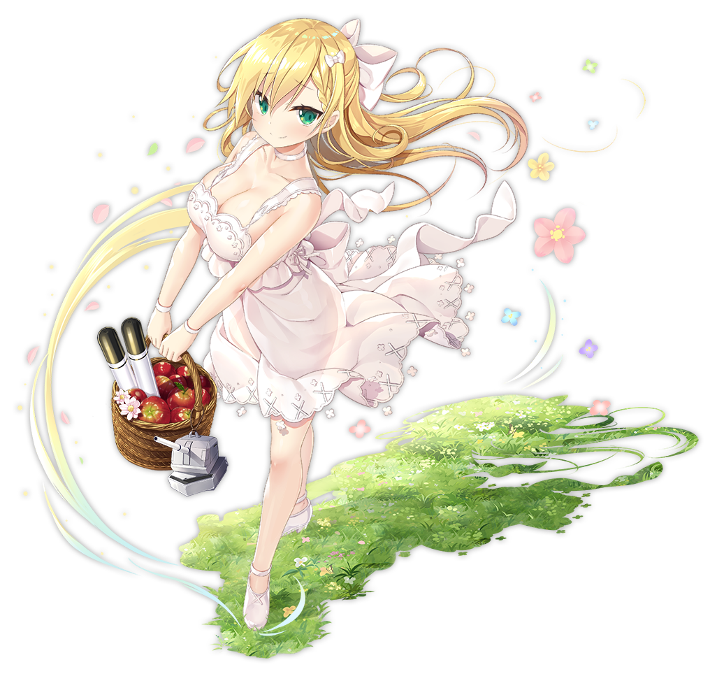 1girl adapted_costume apple azur_lane bangs bare_arms bare_legs basket blonde_hair blush bow bracelet braid breasts cannon choker cleavage collarbone dress dutch_angle eyebrows_visible_through_hair floating flower food forbin_(azur_lane) frilled_dress frills fruit full_body grass green_eyes hair_bow hair_ornament holding holding_basket jewelry large_breasts long_hair looking_at_viewer mary_janes official_art petals picnic_basket see-through shiny shiny_skin shoes smile solo standing strap torpedo transparent_background turret v_arms white_bow white_dress wind wind_lift yano_mitsuki