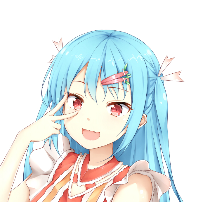 1girl :d bangs blue_hair blush commentary_request copyright_request eyebrows_visible_through_hair fang hair_between_eyes hair_ornament hair_ribbon hairclip han_(hehuihuihui) hand_up long_hair looking_at_viewer open_mouth red_eyes red_shirt ribbon shirt simple_background sleeveless sleeveless_shirt smile solo two_side_up v_over_eye white_background white_ribbon
