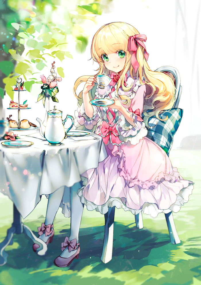 1girl ankle_bow ankle_ribbon bangs blonde_hair bouquet bow bowtie chair commentary_request cross-laced_clothes cup cushion dress eyebrows_visible_through_hair flower food frilled_dress frilled_shirt_collar frilled_sleeves frills green_eyes hair_ribbon holding holding_cup holding_saucer joypyonn long_hair looking_at_viewer original outdoors pantyhose pink_bow pink_dress pink_flower pink_footwear pink_neckwear pink_ribbon red_flower ribbon saucer shoes sitting smile solo strawberry_shortcake table tablecloth teacup teapot tiered_tray vase white_flower white_legwear