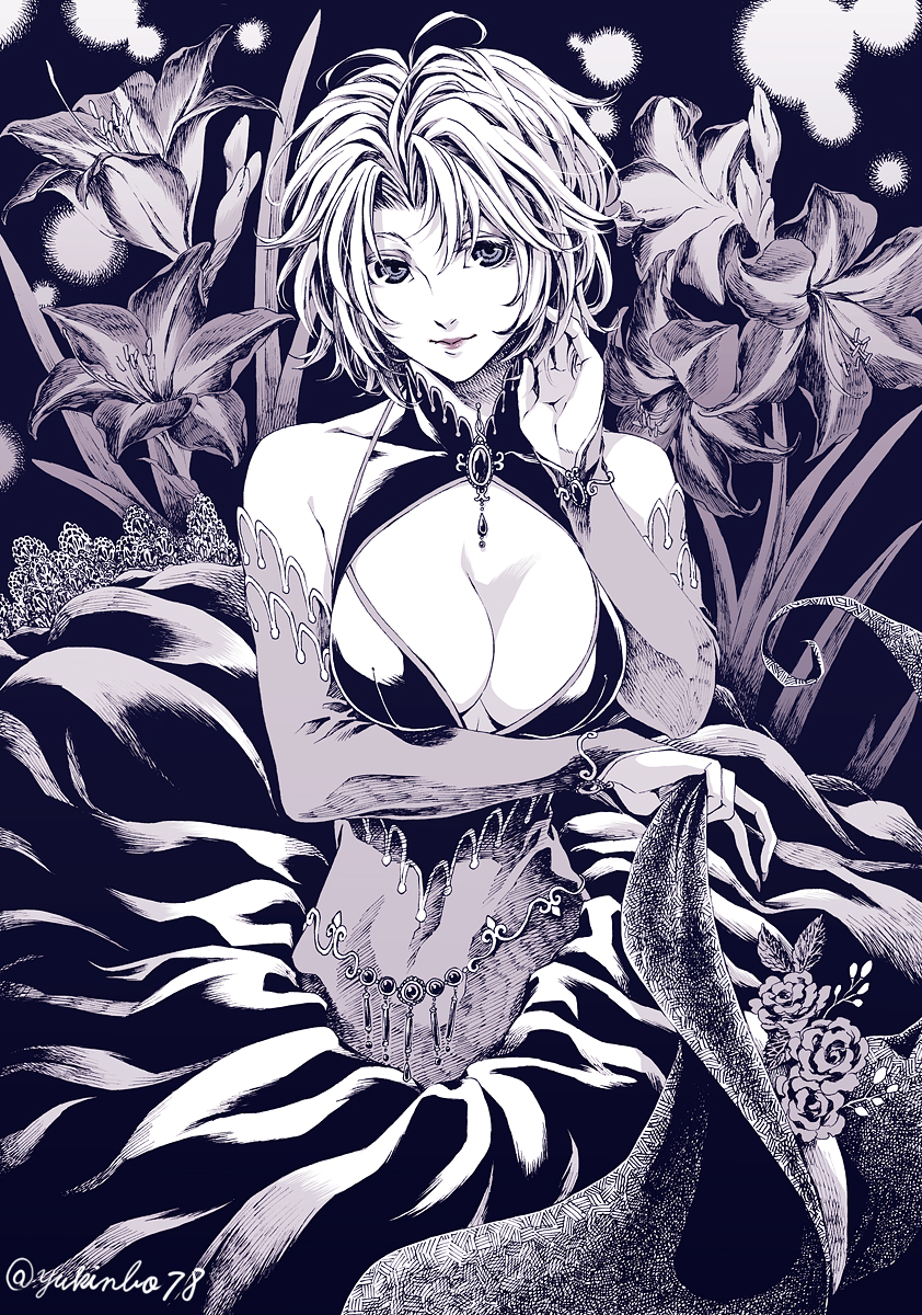 1girl artist_name bare_shoulders breasts cleavage commentary_request detached_sleeves flower greyscale highres jewelry large_breasts looking_at_viewer millipen_(medium) monochrome original plant plant_girl short_hair signature smile solo traditional_media upper_body yukinbo78