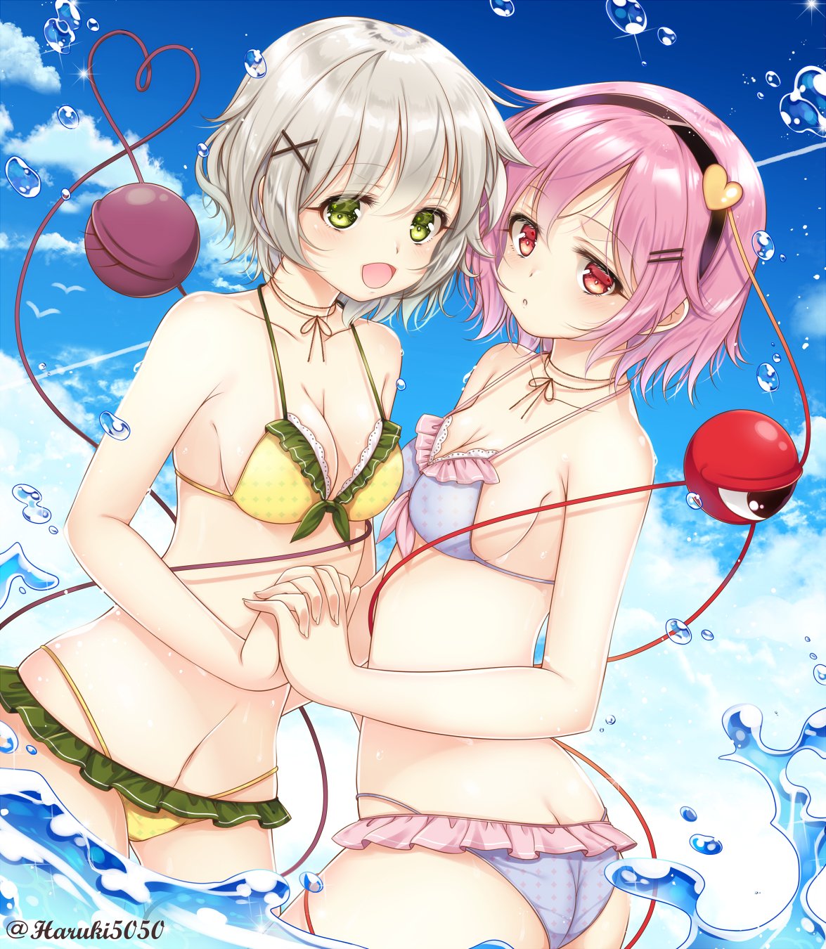 2girls artist_name ass bare_arms bare_shoulders bikini black_hairband blue_bikini blue_sky breasts butt_crack cleavage clouds collarbone commentary_request day dutch_angle eyebrows_visible_through_hair frilled_bikini frills green_eyes hair_ornament hairband hairclip halterneck hand_holding haruki_(colorful_macaron) heart heart_hair_ornament highleg highleg_bikini highres interlocked_fingers komeiji_koishi komeiji_satori looking_at_viewer medium_breasts multiple_girls navel no_hat no_headwear open_mouth outdoors pink_eyes pink_hair short_hair siblings silver_hair sisters sky smile stomach swimsuit thighs third_eye touhou twitter_username water water_drop x_hair_ornament yellow_bikini