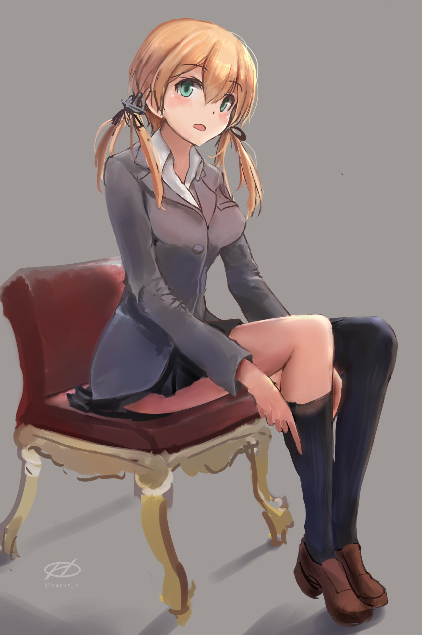 1girl adjusting_clothes adjusting_legwear anchor_hair_ornament bangs black_legwear black_skirt blazer blonde_hair blue_eyes blush breasts chair collared_shirt eyebrows_visible_through_hair grey_background grey_blazer hair_between_eyes hair_ornament haruto_(harut_n) highres jacket kantai_collection large_breasts long_hair long_sleeves looking_at_viewer low_twintails open_mouth pleated_skirt prinz_eugen_(kantai_collection) school_uniform shirt sidelocks simple_background sitting skirt smile solo thigh-highs twintails uniform white_shirt