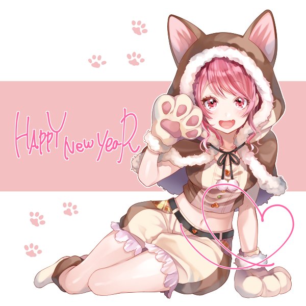 1girl :d animal_hood arm_support bang_dream! belt boots capelet chinese_zodiac crossed_arms dog_hood fur-trimmed_capelet fur_trim gloves hand_up happy_new_year heart hood hooded_capelet ito22oji looking_at_viewer maruyama_aya midriff navel new_year open_mouth paw_gloves paw_print paws pink_eyes pink_hair pom_pom_(clothes) shorts sitting smile solo year_of_the_dog