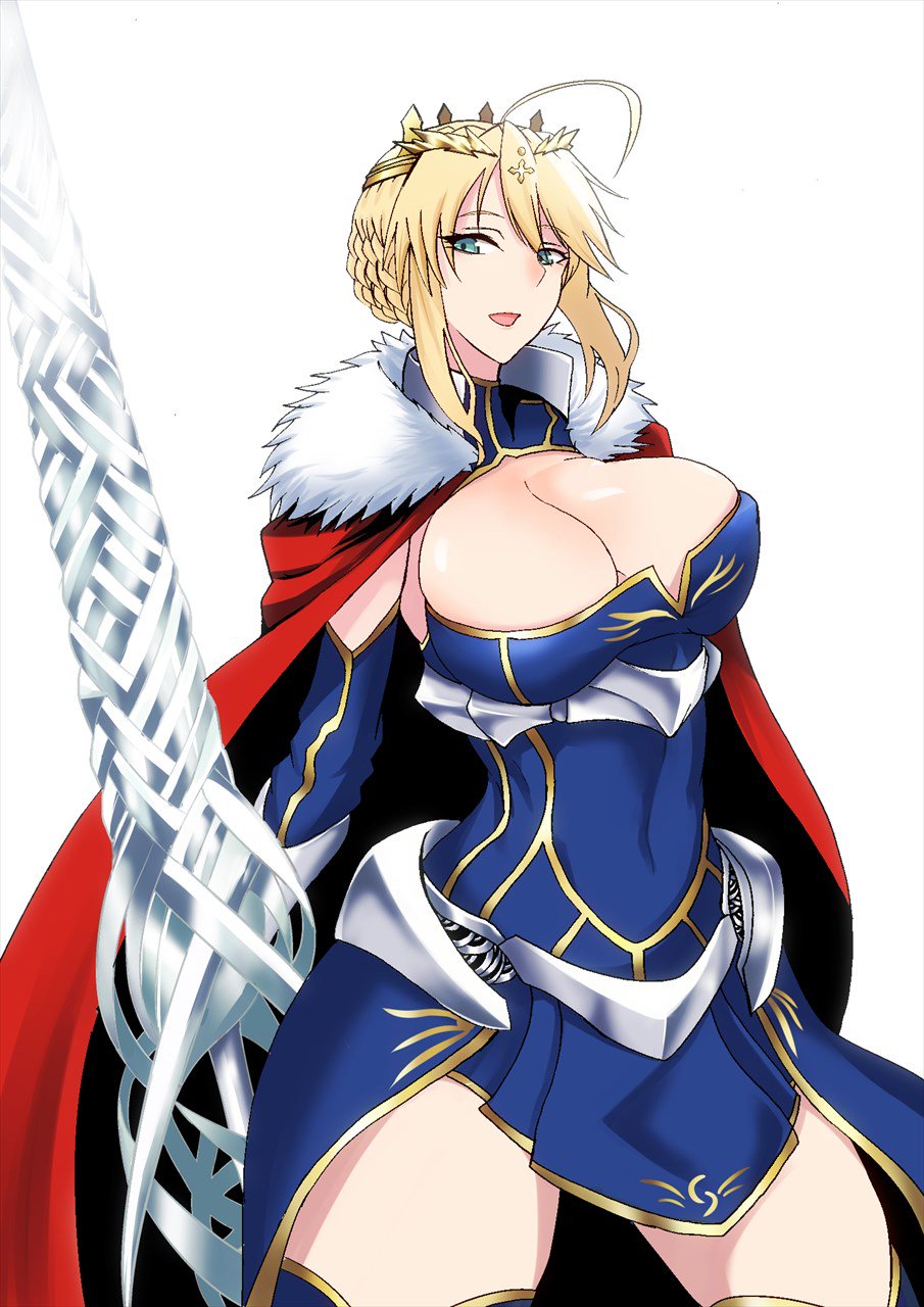 1girl ahoge armor artoria_pendragon_(all) artoria_pendragon_(lancer) bangs blue_legwear blush braid breasts cape cleavage crown fate/grand_order fate_(series) faulds french_braid fur-trimmed_cape fur_trim gauntlets green_eyes hair_between_eyes highres kawabata_yoshiro lance large_breasts long_hair looking_at_viewer parted_lips polearm red_cape rhongomyniad sidelocks simple_background smile solo thighs underbust weapon white_background