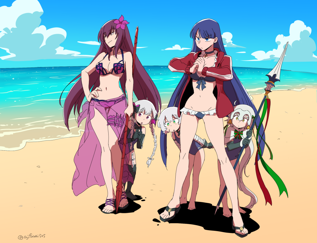 5girls :o asaya_minoru bandage bandaged_arm bandages bangs bare_arms bare_legs bare_shoulders barefoot beach bell bikini black_bikini black_bow black_footwear black_gloves black_legwear blue_eyes blue_hair blue_sky blue_swimsuit bow braid breasts brown_eyes capelet cleavage closed_mouth clouds day elbow_gloves eyebrows_visible_through_hair facial_scar fate/extra fate/grand_order fate_(series) fist_in_hand flower fur-trimmed_capelet fur_trim gloves green_bow green_eyes green_ribbon groin hair_between_eyes hair_bow hair_flower hair_ornament hand_on_hip hands_up head_tilt headpiece holding holding_lance holding_spear holding_weapon horizon jack_the_ripper_(fate/apocrypha) jacket jeanne_d'arc_(fate)_(all) jeanne_d'arc_alter_santa_lily lance long_hair long_sleeves low_twintails medium_breasts multiple_girls navel no_shoes nursery_rhyme_(fate/extra) ocean one-piece_swimsuit open_clothes open_jacket outdoors own_hands_together parted_lips peeking_out polearm purple_bikini purple_flower purple_hair red_jacket ribbon saint_martha saint_martha_(swimsuit_ruler)_(fate) sand sandals scar scar_across_eye scar_on_cheek scathach_(fate)_(all) scathach_(fate/grand_order) scathach_(swimsuit_assassin)_(fate) school_swimsuit see-through short_hair shoulder_tattoo silver_hair single_glove sky smile spear standing striped striped_bow striped_ribbon swimsuit tattoo thigh-highs track_jacket twin_braids twintails twitter_username v-shaped_eyebrows very_long_hair violet_eyes water weapon white_capelet