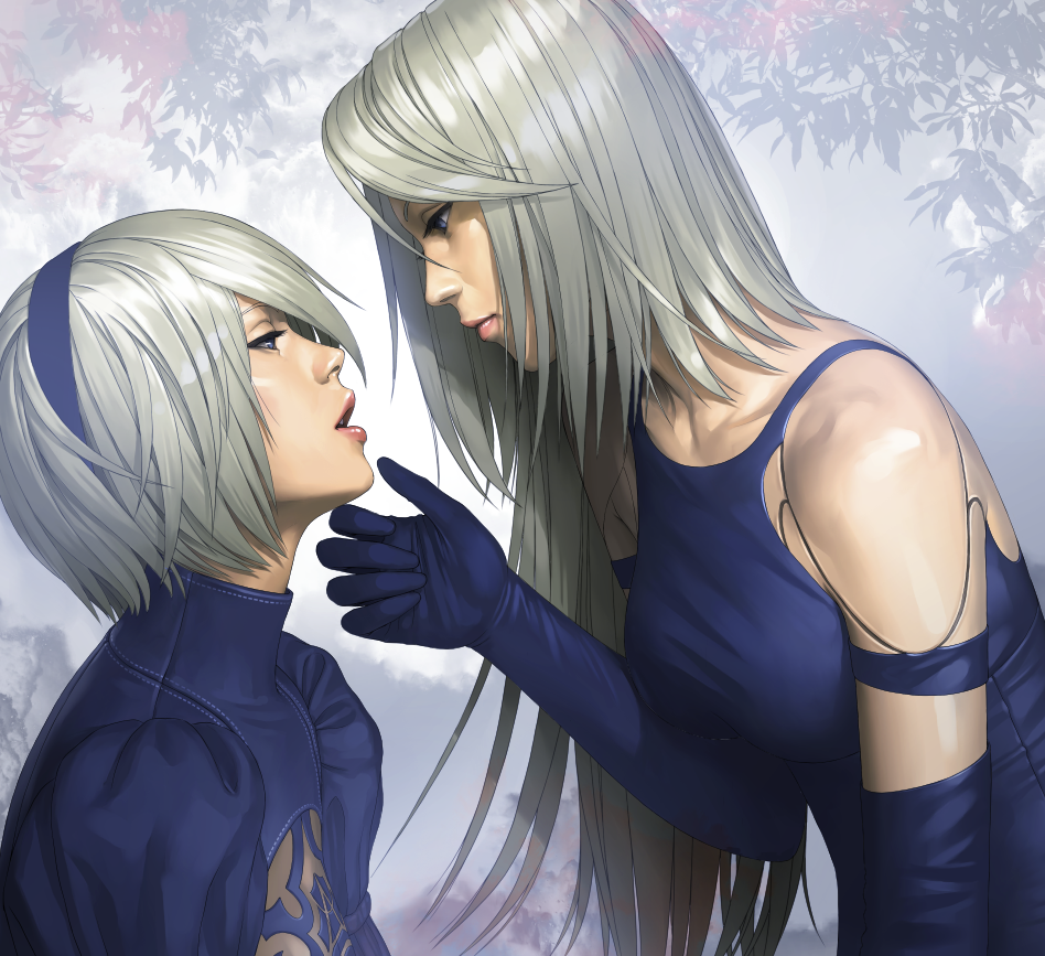 2girls android black_clothes black_gloves blue_eyes branch elbow_gloves eye_contact gloves hairband half-closed_eyes hand_on_another's_chin imminent_kiss looking_at_another multiple_girls nier_(series) nier_automata open_mouth puffy_sleeves robot_joints short_hair silver_hair upper_body watanabe_yasuaki yorha_no._2_type_b yorha_type_a_no._2 yuri