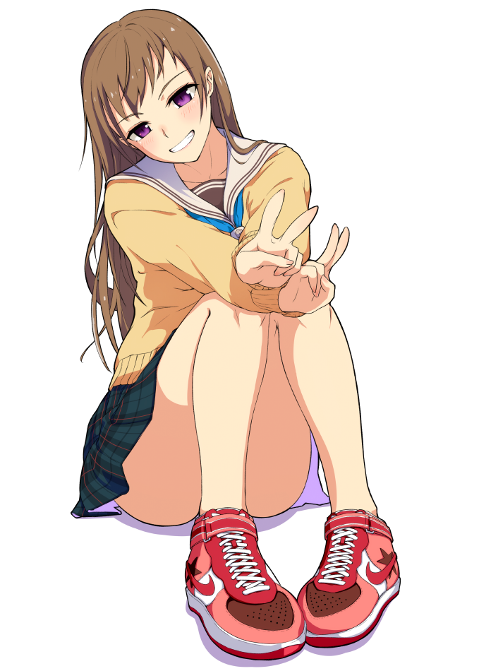 1girl bangs blue_neckwear blue_skirt blush brown_hair double_v full_body head_tilt hi_iro long_hair long_sleeves looking_at_viewer neckerchief nike original pleated_skirt red_footwear sailor_collar shoes sitting skirt smile sneakers solo sweater v violet_eyes white_sailor_collar yellow_sweater