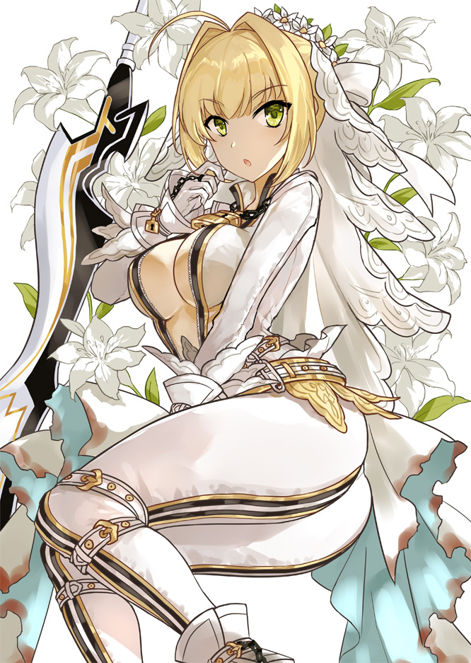 1girl aestus_estus ahoge asle belt bodysuit breasts bridal_veil center_opening chains commentary_request eyebrows_visible_through_hair fate/extra fate/extra_ccc fate_(series) flower from_side full-length_zipper green_eyes hair_between_eyes hair_intakes head_wreath large_breasts leotard lily_(flower) lock loose_belt nero_claudius_(bride)_(fate) nero_claudius_(fate)_(all) open_mouth padlock showgirl_skirt sitting strapless strapless_leotard sword unzipped veil weapon white_bodysuit white_leotard wreath zipper zipper_pull_tab