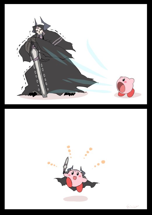 1boy 2koma armor black_cloak comic commentary_request eiri_(eirri) fate/grand_order fate_(series) glowing glowing_eyes horns king_hassan_(fate/grand_order) kirby kirby_(series) nintendo open_mouth skull skull_mask spikes sword transformation weapon white_background