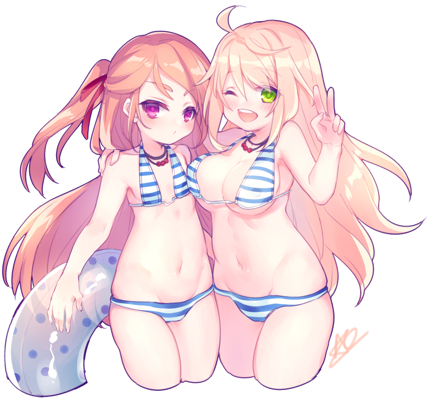 2girls ;d ahoge arm_up bangs bare_arms bare_shoulders bikini blush breasts character_request cleavage closed_mouth closers cropped_legs eyebrows_visible_through_hair green_eyes groin hair_between_eyes hair_ribbon innertube large_breasts light_brown_hair long_hair multiple_girls navel one_eye_closed one_side_up open_mouth orange_hair polka_dot polka_dot_innertube red_ribbon ribbon signature simple_background smile striped striped_bikini swimsuit transparent upper_teeth utm v very_long_hair violet_eyes white_background