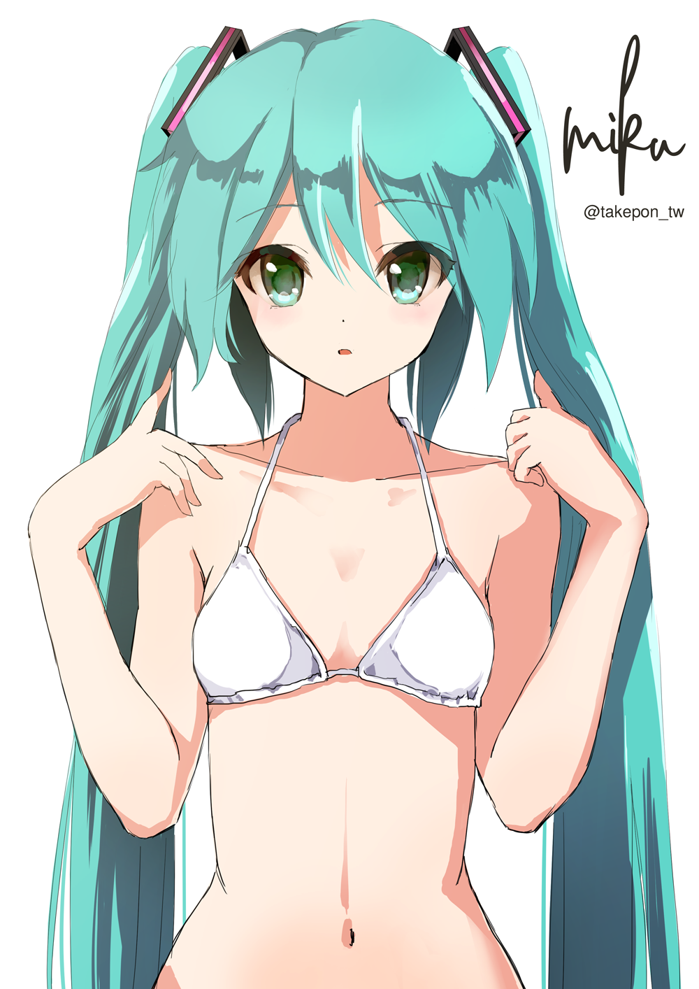1girl :o aqua_hair artist_name bare_shoulders bikini bikini_top blush character_name collarbone commentary_request eyebrows_visible_through_hair flat_chest green_eyes hatsune_miku highres long_hair navel open_mouth simple_background solo swimsuit takepon1123 twintails upper_body very_long_hair vocaloid white_background white_bikini