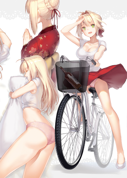 bicycle blonde_hair breasts cleavage fate/extra fate/grand_order fate_(series) green_eyes ground_vehicle hug japanese_clothes kimono midriff nero_claudius_(fate) nero_claudius_(fate)_(all) object_hug panties ritsuki short_hair skirt skirt_lift tagme underwear wind wind_lift