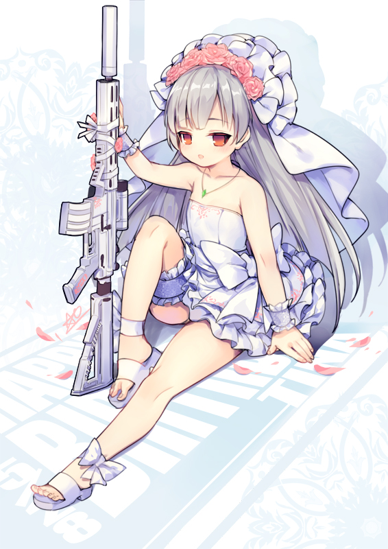 1girl :d arm_up bangs bare_shoulders blush character_request closers dress eyebrows_visible_through_hair fingernails flower gun hair_flower hair_ornament holding holding_gun holding_weapon jewelry long_hair looking_at_viewer open_mouth pendant petals pink_flower pink_rose red_eyes rose sandals scope silver_hair sitting smile solo strapless strapless_dress toenails utm very_long_hair weapon weapon_request white_dress white_footwear wrist_cuffs