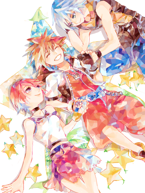 1girl 2boys belt blue_eyes brown_hair fingerless_gloves food fruit gloves grin hand_holding jewelry kairi_(kingdom_hearts) kingdom_hearts kingdom_hearts_i looking_at_another lying multiple_boys necklace on_back ramochi_(auti) redhead riku short_hair silver_hair skirt sleeveless smile sora_(kingdom_hearts) violet_eyes