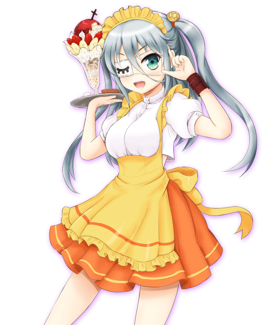 1girl :d apron banana_slice blue_eyes breasts eyepatch food fruit grey_hair grimoire_~shiritsu_grimoire_mahou_gakuen~ hair_ornament hand_up holding holding_tray long_hair looking_at_viewer maid medium_breasts open_mouth orange_skirt parfait short_sleeves skirt smile solo standing strawberry teina tray twintails waitress whipped_cream wristband