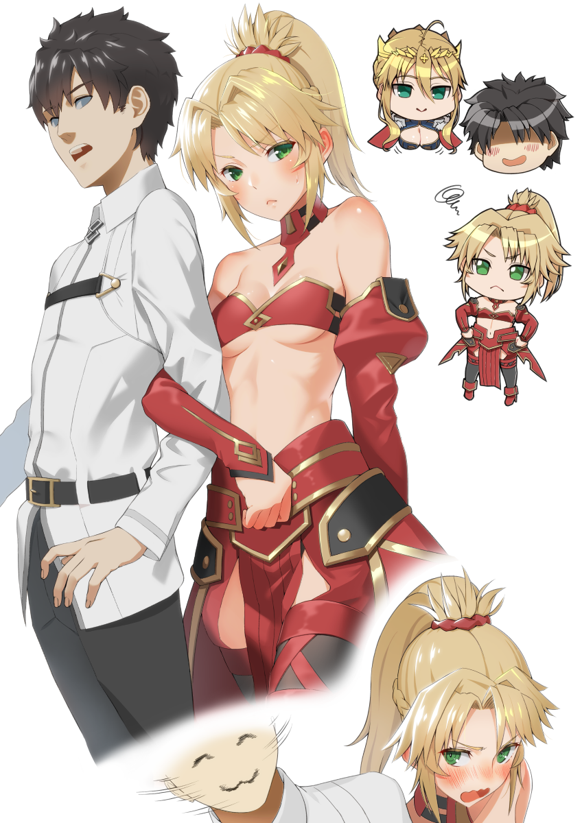 1boy 2girls :3 ahoge artoria_pendragon_(all) artoria_pendragon_(lancer) black_hair blonde_hair blush breasts chibi chibi_inset cleavage comic commentary crown detached_collar detached_sleeves embarrassed fate/grand_order fate_(series) fujimaru_ritsuka_(male) green_eyes hetero highres juliet_sleeves large_breasts locked_arms long_sleeves midriff mordred_(fate) mordred_(fate)_(all) multiple_girls pelvic_curtain puffy_sleeves saruchitan short_hair short_ponytail small_breasts spiky_hair surprised under_boob wavy_mouth