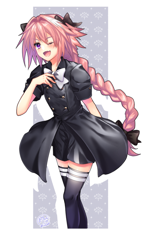 1boy ;d arm_behind_back astolfo_(fate) black_bow black_legwear black_shorts bow braid eyebrows_visible_through_hair fate/apocrypha fate_(series) floating_hair grey_bow grey_neckwear hair_between_eyes hair_bow ittokyu long_hair low-tied_long_hair one_eye_closed open_mouth pink_hair ponytail short_shorts shorts single_braid smile solo standing thigh-highs trap very_long_hair violet_eyes white_background zettai_ryouiki