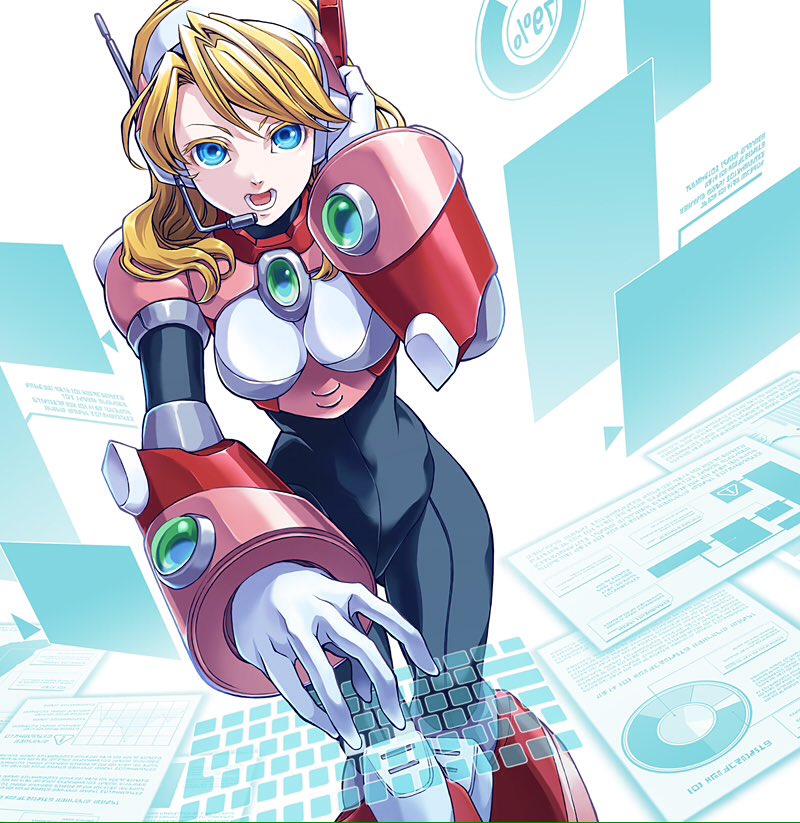 1girl alia_(rockman) android armor bangs blonde_hair blue_eyes bodysuit breasts capcom commentary_request gloves headgear headset holographic_interface holographic_keyboard leaning_forward long_hair open_mouth robot_ears rockman rockman_x solo swept_bangs teeth white_background white_gloves yukinbo78