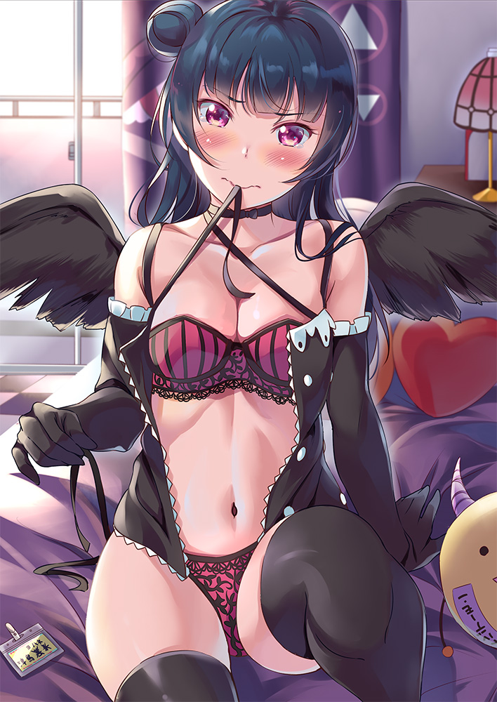 1girl bed blush bra breasts choker cleavage elbow_gloves fallen_angel gloves heart heart_pillow lace lace-trimmed_bra lingerie looking_at_viewer love_live! love_live!_sunshine!! name_tag panties pillow pink_bra pink_panties side_bun solo striped striped_bra striped_panties thigh-highs tipii tsushima_yoshiko underwear violet_eyes wings