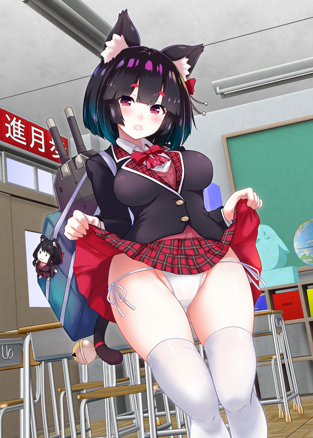 1girl alternate_costume amanogami_dai animal_ears azur_lane bag bell bird black_hair blazer breasts cannon cat_ears chalk chalkboard character_doll classroom desk door eyebrows_visible_through_hair fusou_(azur_lane) hair_ornament highres indoors jacket keychain large_breasts lifted_by_self long_hair long_sleeves neck_ribbon open_mouth panties plaid red_shirt red_skirt ribbon school school_bag school_desk school_uniform shirt short_hair side-tie_panties skirt skirt_lift smile solo statue tail tail_bell thigh-highs underwear uniform white_legwear white_panties yamashiro_(azur_lane)