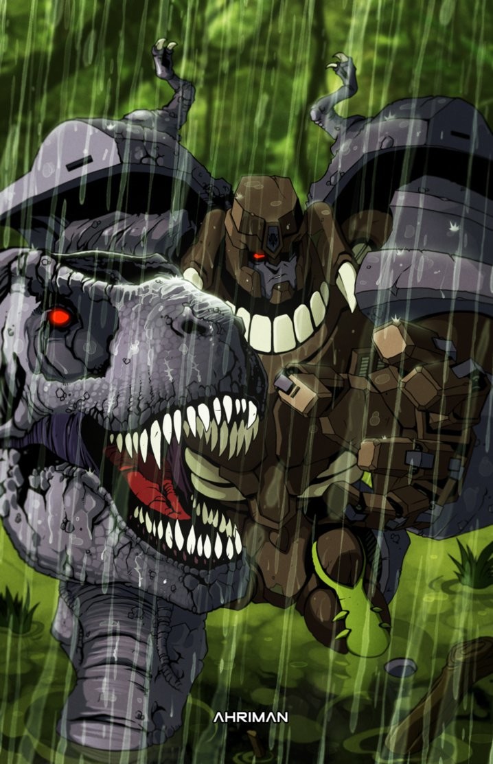ahriman_(artist) beast_wars claws commentary decepticon dirty english_commentary fake_screenshot fangs grass hand_mouth head insignia jaws mecha megatron_(beast_wars) predacon rain rainforest red_eyes robot science_fiction signature spikes swamp transformers tree tyrannosaurus_rex upper_body water wet