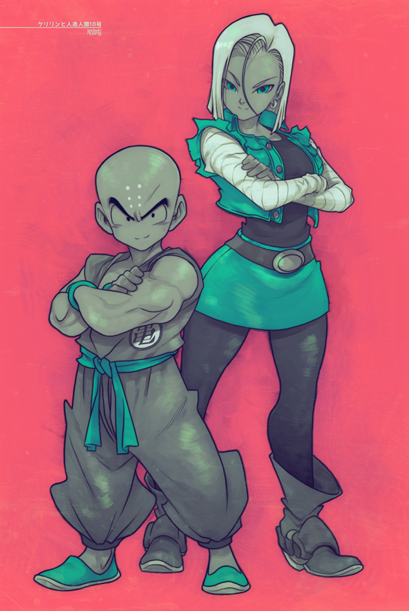 1boy 1girl android_18 bald belt blue_eyes couple cropped_jacket crossed_arms denim denim_jacket denim_skirt dougi dragon_ball dragonball_z earrings edwin_huang facial_mark forehead_mark full_body highres husband_and_wife jewelry kuririn monochrome muscle pantyhose short_hair simple_background skirt sleeveless smile spot_color torn_clothes torn_sleeves wristband